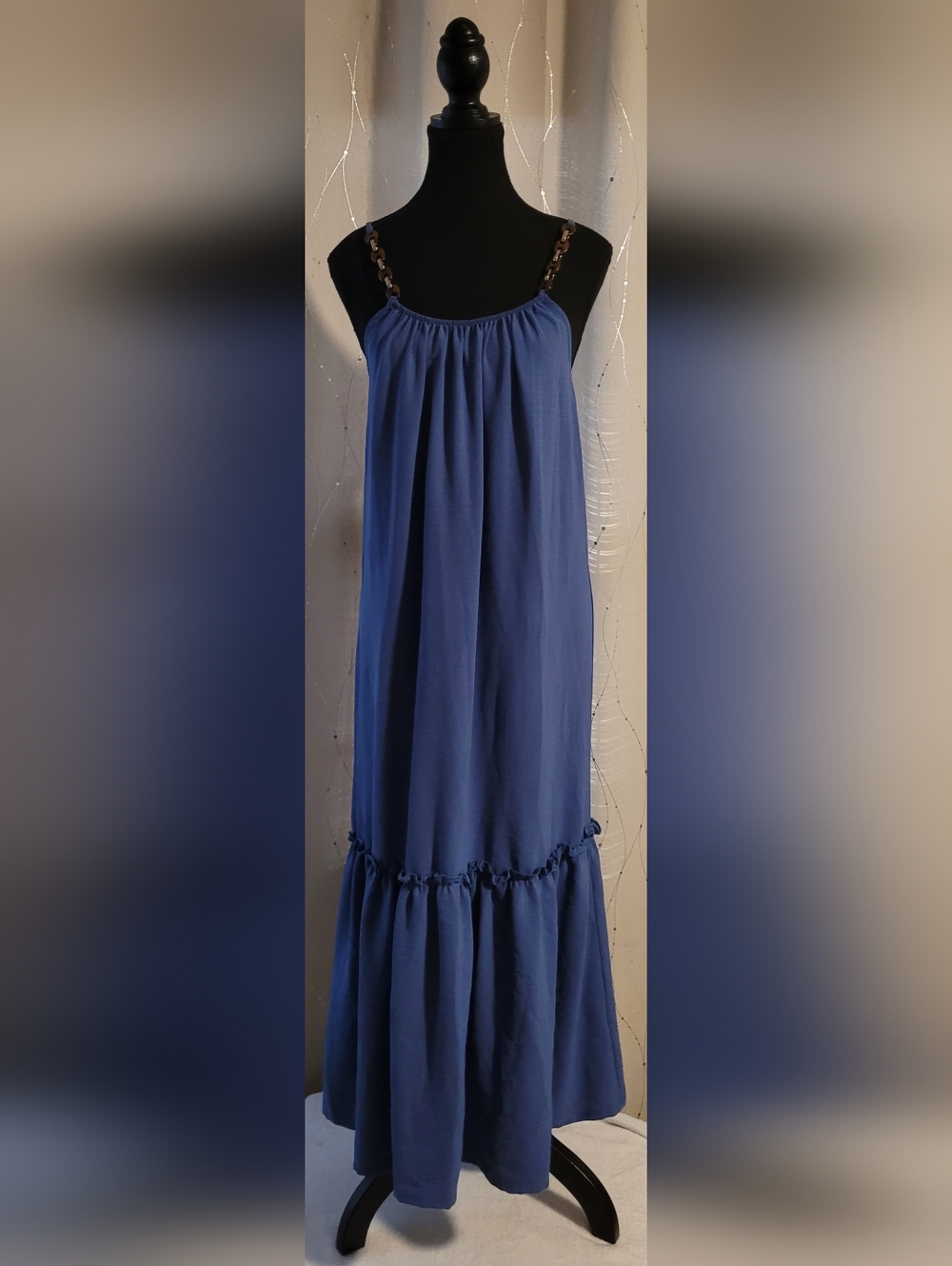 ​bebe Made in USA Blue Ruffle Hem Midi Dress Wood & Gold Straps Size S
